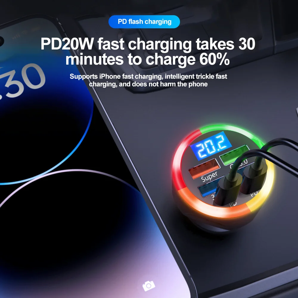 Cargador de coche USB C de 250W PD QC3.0 cargador de teléfono de coche de carga rápida para iPhone 15 Samsung Xiaomi encendedor de cigarrillos de coche de carga rápida - imagen 2