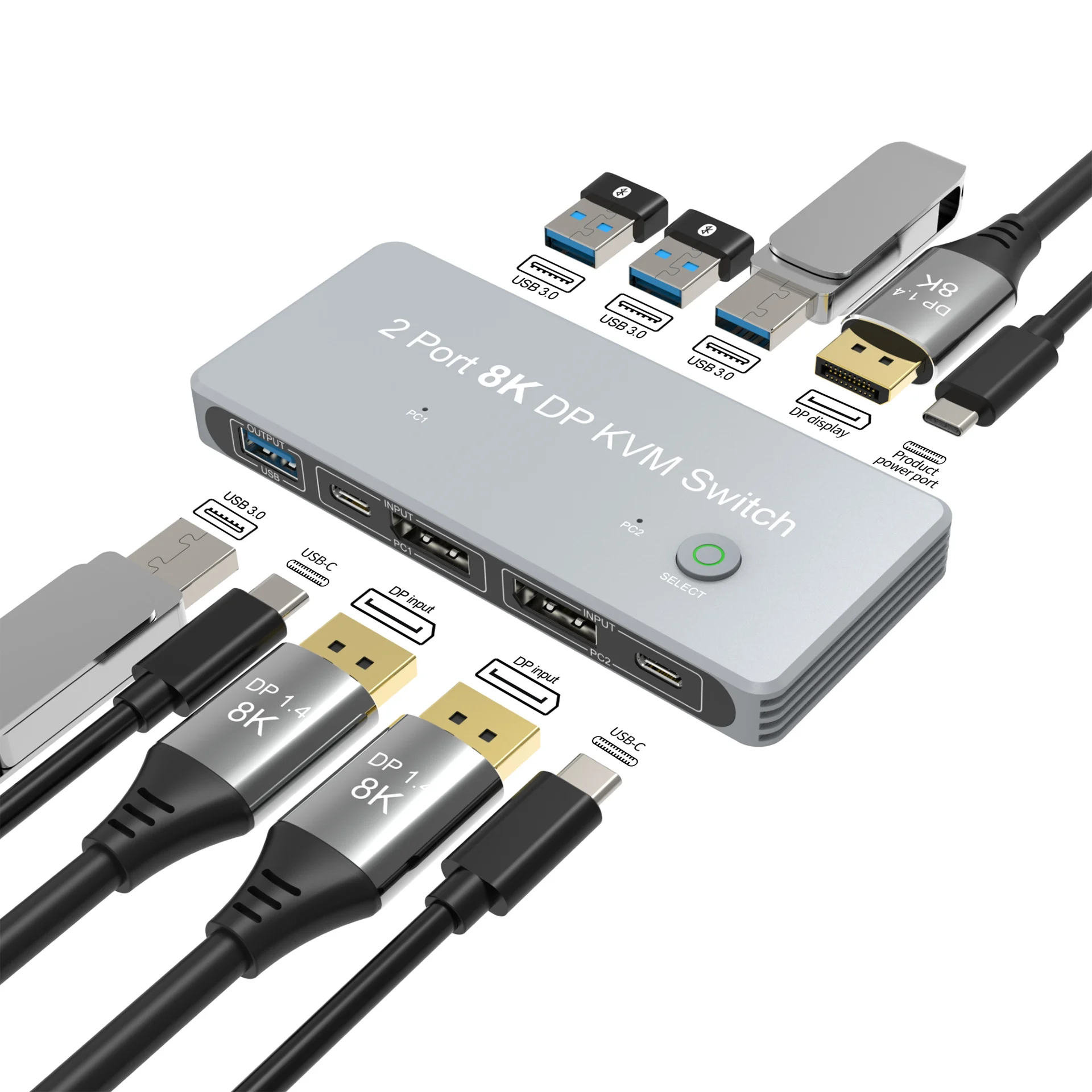 DisplayPort Dual USB KVM Switch 2 DP en 1 DP Out entradas mixtas DP 2 puertos 8K 60Hz 4K 144Hz KVM Share 1 Monitor para PC portátil DELL - imagen 3