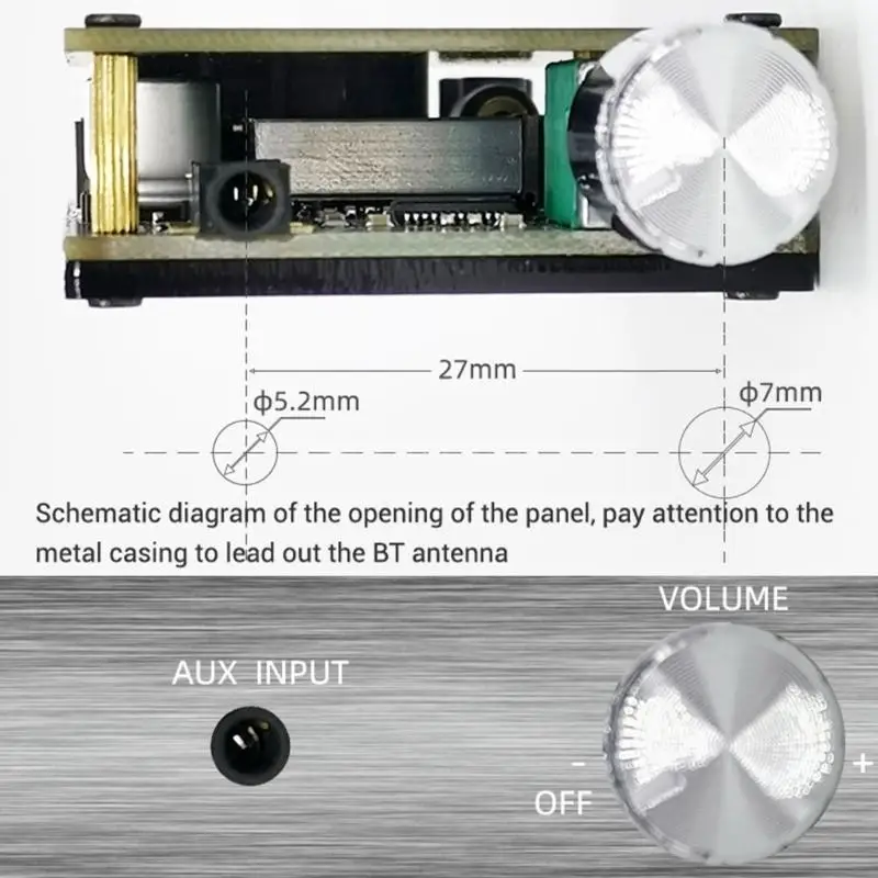 Un diagrama de un dispositivo con un control de volumen y un interruptor de encendido/apagado