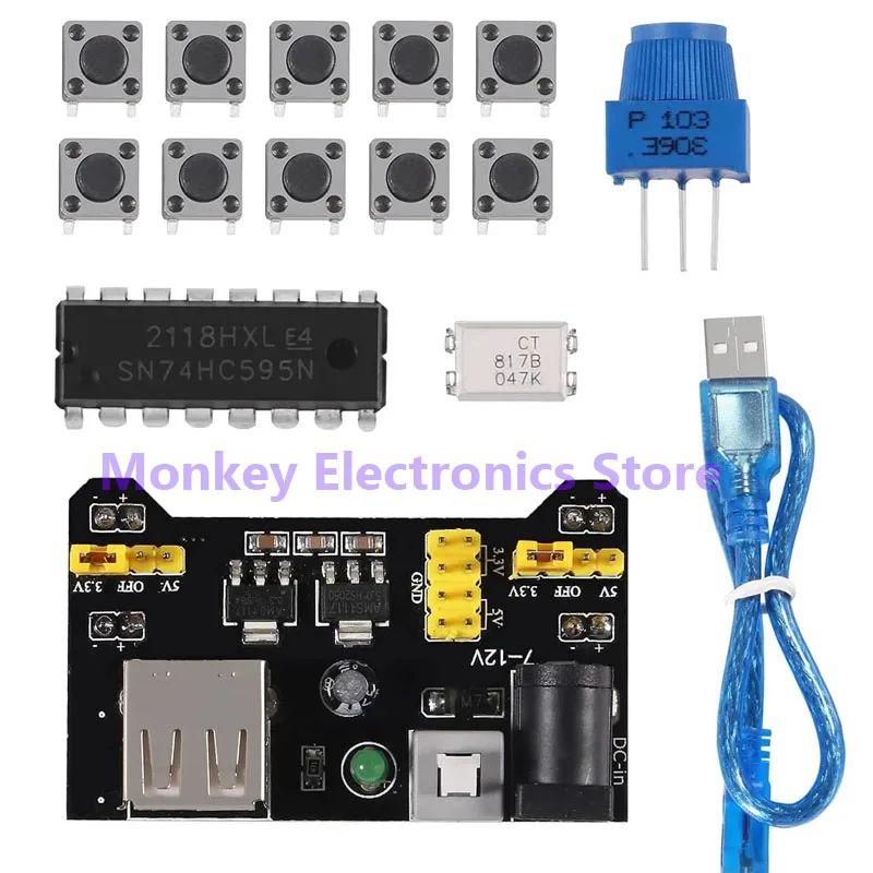 Juego de potenciómetro 3386P, Kit de orificios para R3, módulo de potencia para principiantes, cable usb, luces LED, circuito integrado 74hc595H - imagen 2