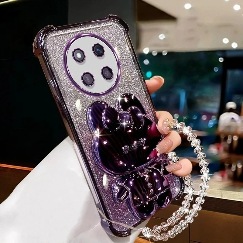 Para Honor Magic 7 6 5 4 Lite 3 Pro chapado cuatro esquinas Anti-caída funda suave de silicona espejo soporte de conejo cubierta de cadena de cuentas transparentes - imagen 2