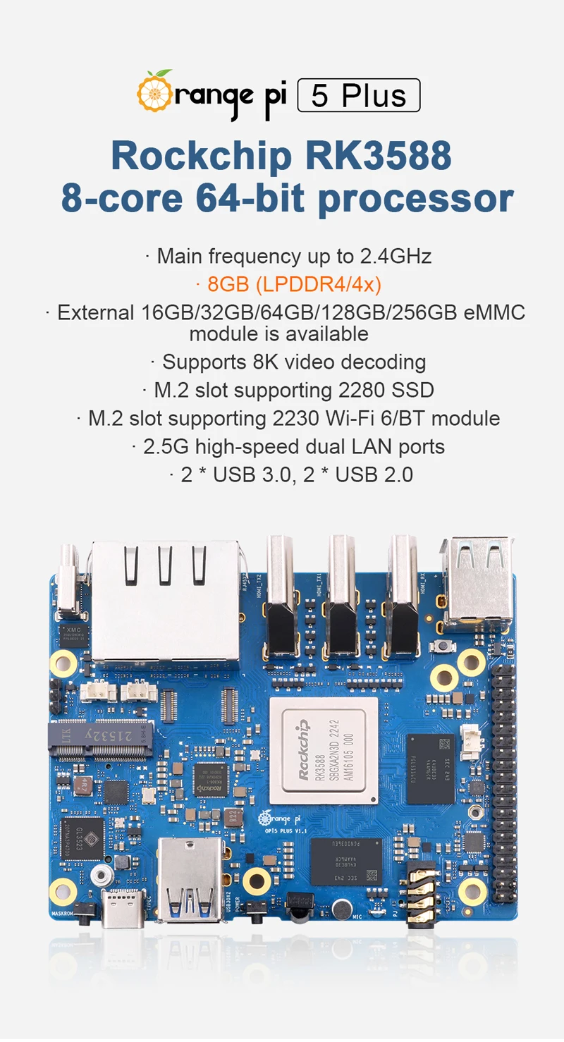 Orange Pi 5 Plus 8GB RAM RK3588 8 núcleos 64 bits 2,5G Dual Ethernet caja acrílica opcional disipadores de calor de cobre para Orange Pi 5 Plus - imagen 3