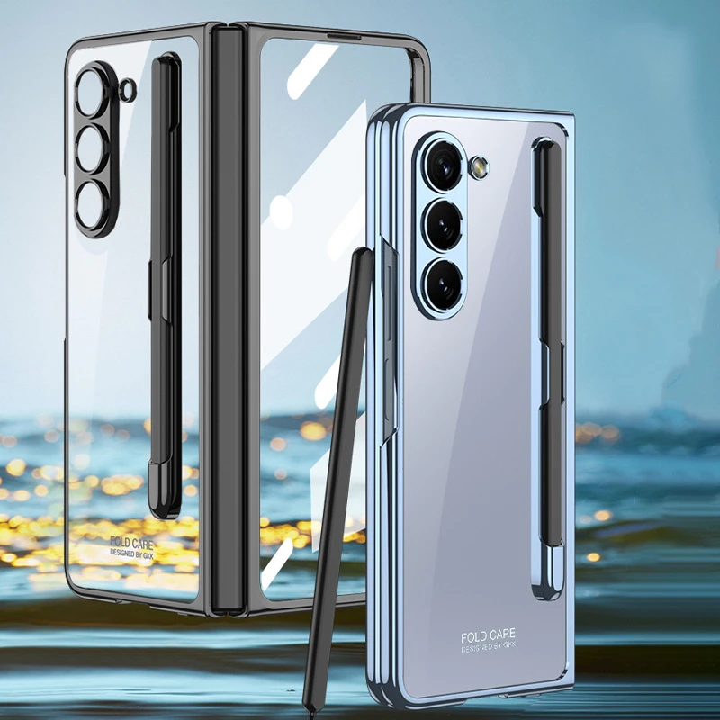 Funda transparente con soporte para bolígrafo chapado para Samsung Galaxy Z Fold 6 5 5G, funda rígida delgada para PC con cristal frontal - imagen 2
