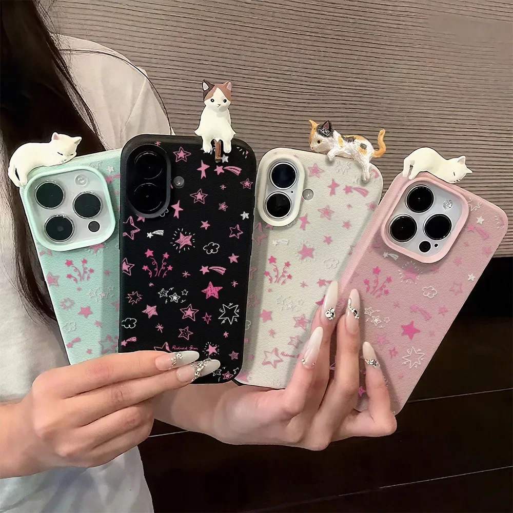 Funda de teléfono con bonito gato 3D de dibujos animados de estrella rosa coreana para iPhone 17 16 Pro Max 15 14 Plus 13 12 11 Pro Max 16E 17Air X XR XS - imagen 2