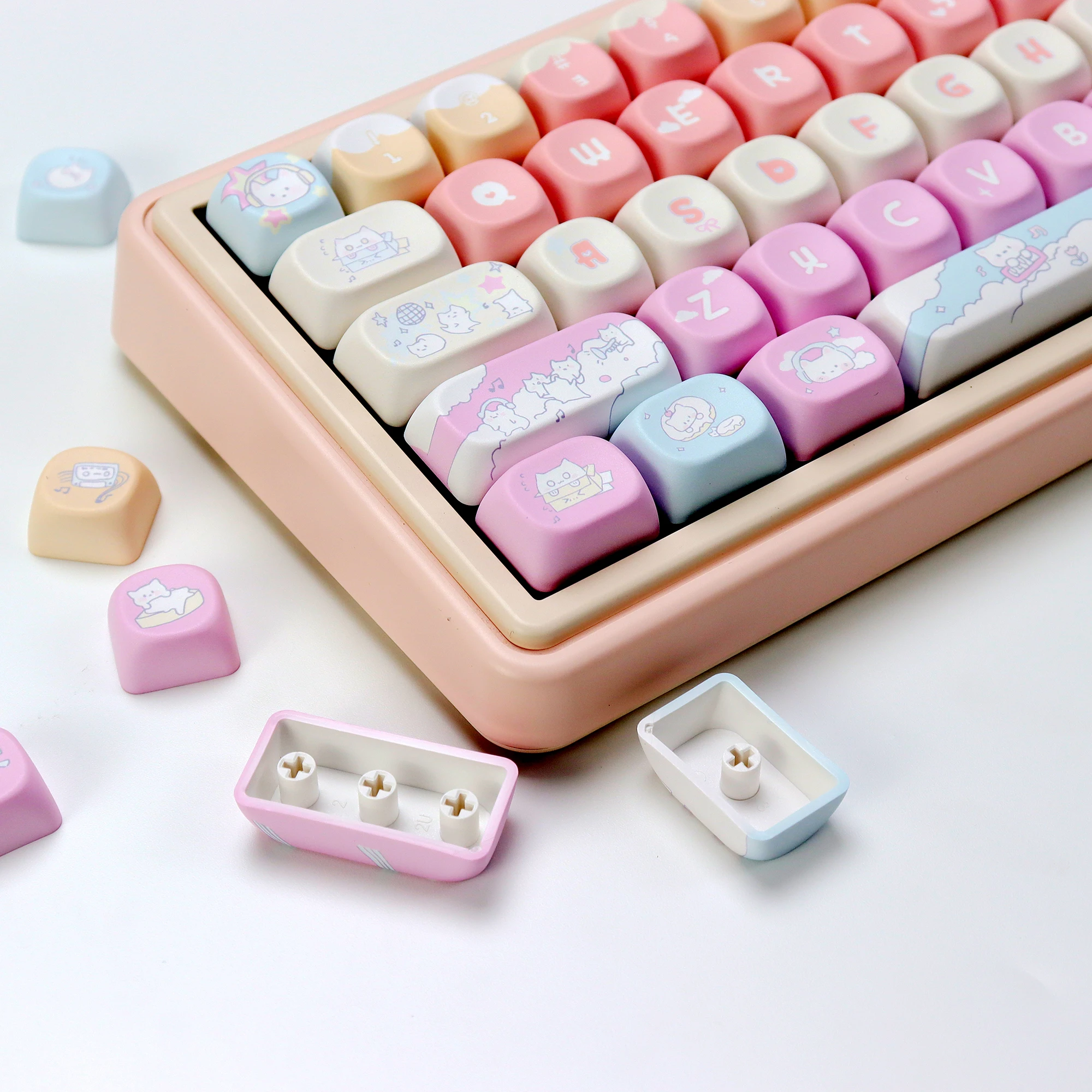 KBDiy 133 teclas/juego rosa lindo RocK Cat Keycap Anime KOA perfil PBT ISO Keycaps personalizados para aula F75 60 Teclado mecánico para juegos - imagen 2
