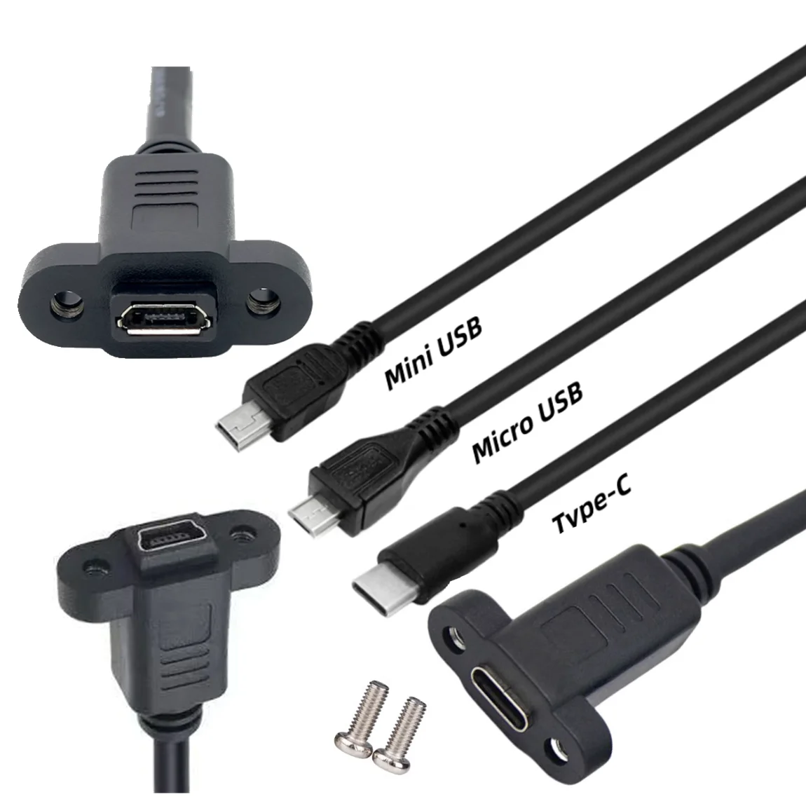 Conector macho Micro Mini USB 2,0 a Cable de extensión hembra Micro USB 2,0 paso 17,5mm con tornillos orificio de montaje en Panel 0,25 m