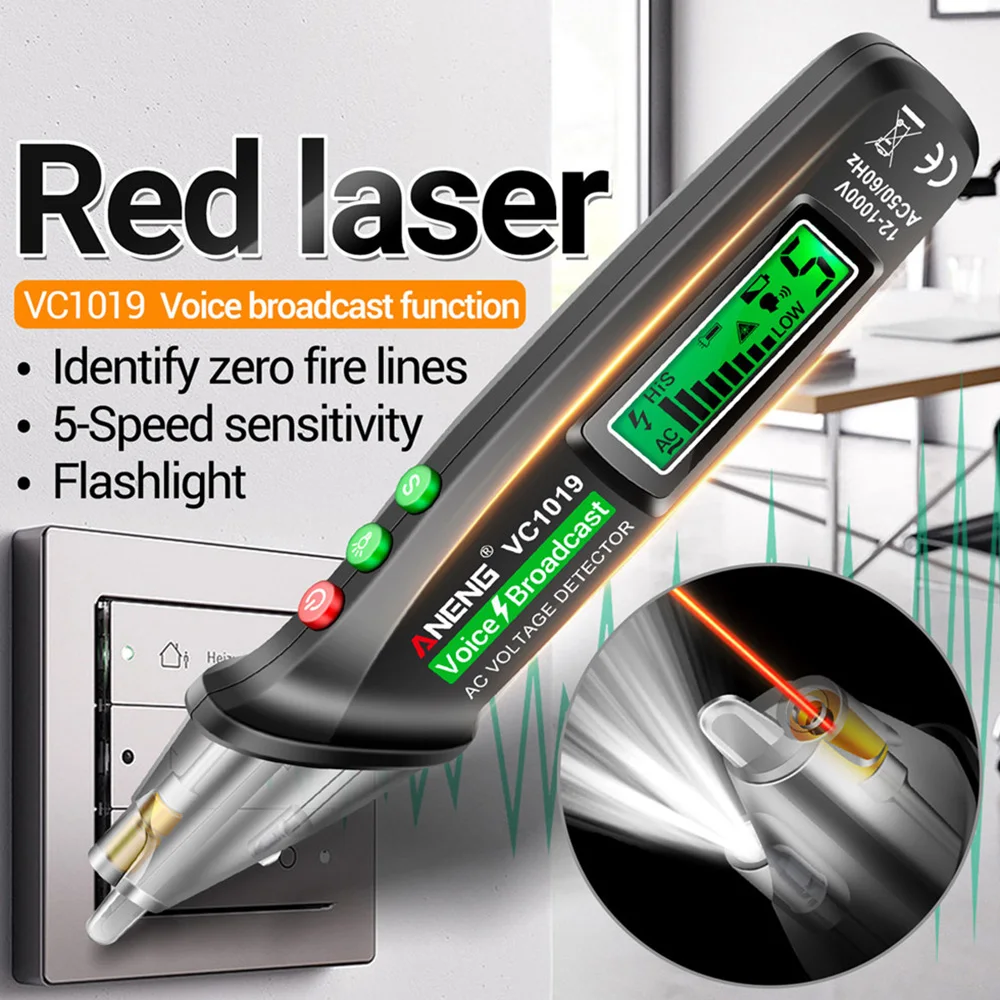 Bolígrafo de prueba láser rojo VC1019, Detector de voltaje de transmisión de voz, pluma sin contacto de corriente de 12-1000V, herramienta de medidor de prueba eléctrica - imagen 2