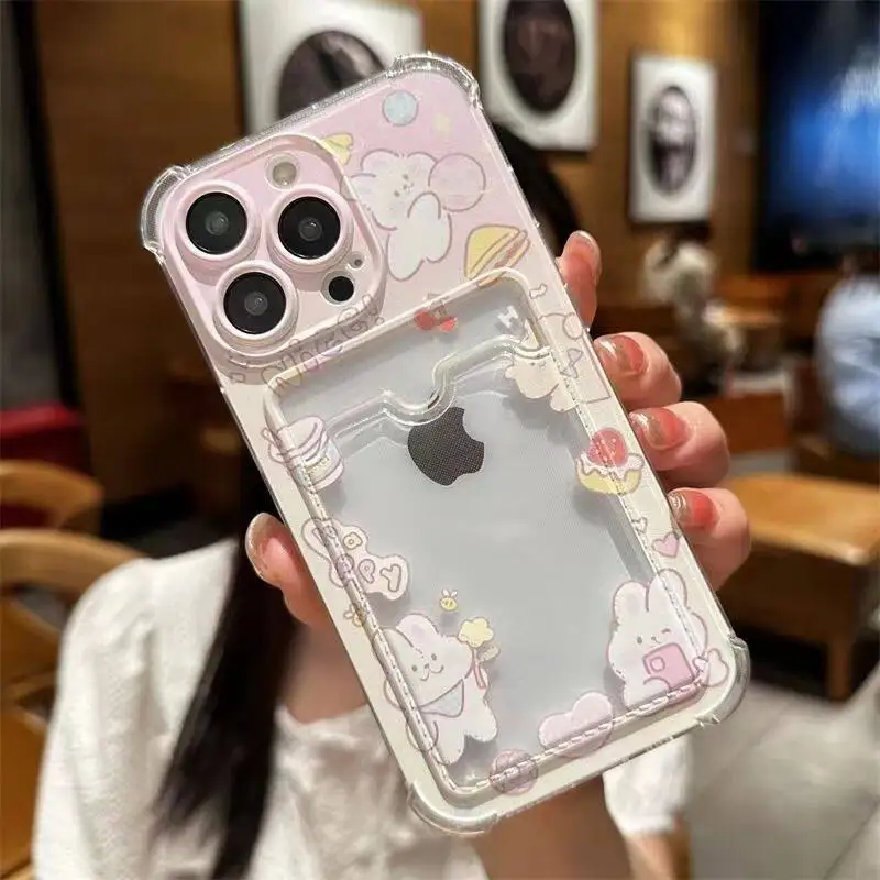 INS coreano lindo conejo rosa ranura para tarjeta bolsa soporte funda de teléfono para IPhone 16 15 14 13 12 11 Pro Max 16 Plus 12 Mini 7 8 X XR cubierta - imagen 5