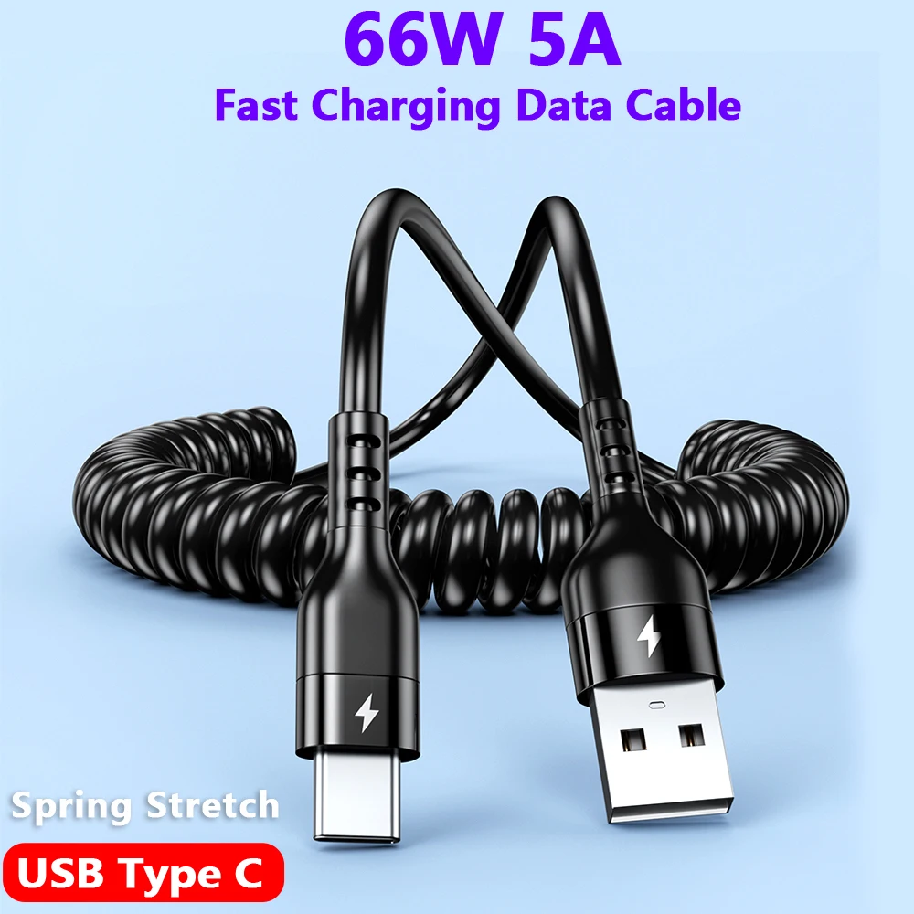 Cable de datos de carga rápida Micro USB tipo C, cable telescópico de resorte para Samsung S24, S7, Xiaomi K60, teléfono Android, 66W, 5A