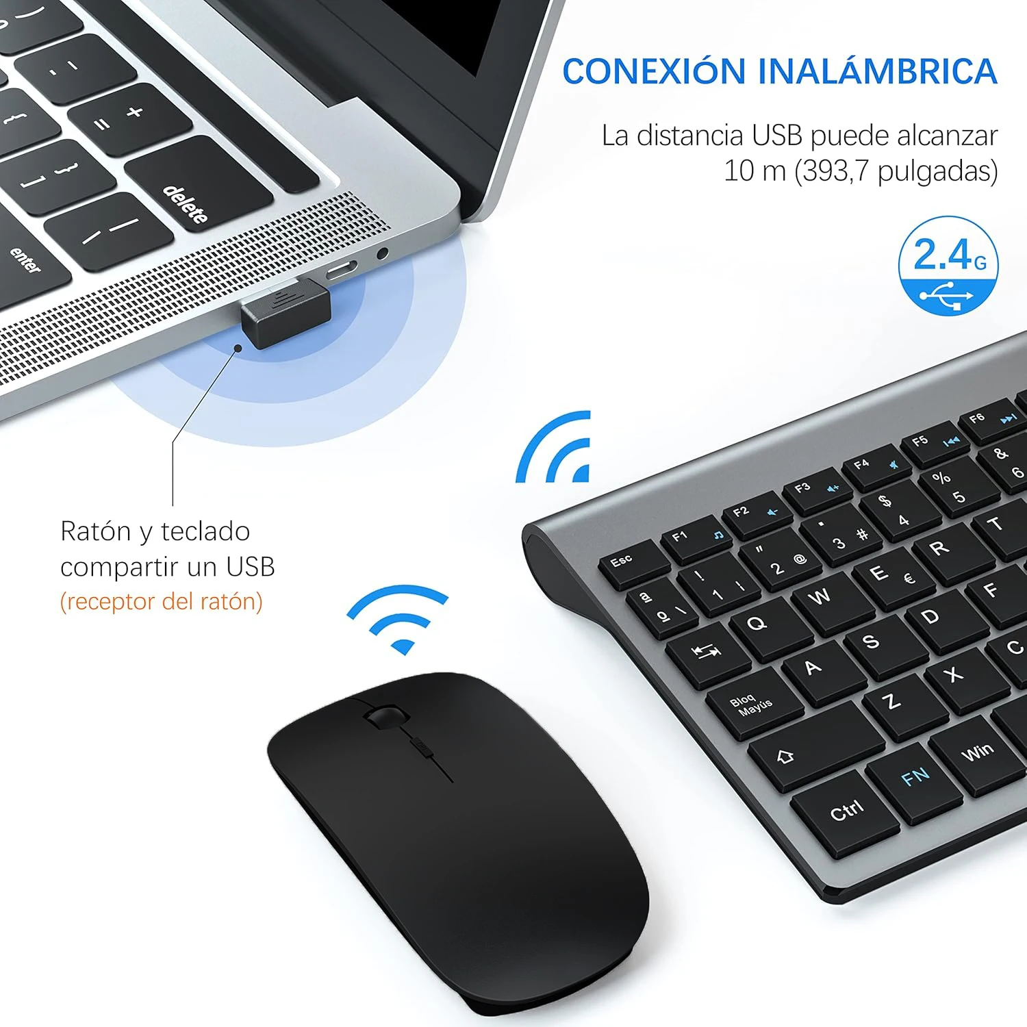 Combo de teclado y ratón inalámbrico con diseño español, juego de teclado silencioso Ultra delgado de 2,4G con ahorro de energía para Windows, PC, portátil, tv box