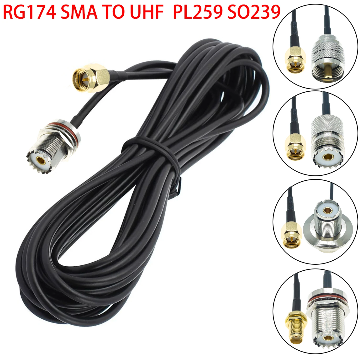 Cable RG174 SMA a UHF PL259 SO239 macho y hembra, conector Coaxial de engarce de ángulo recto, Cable de extensión de antena RF Coaxial
