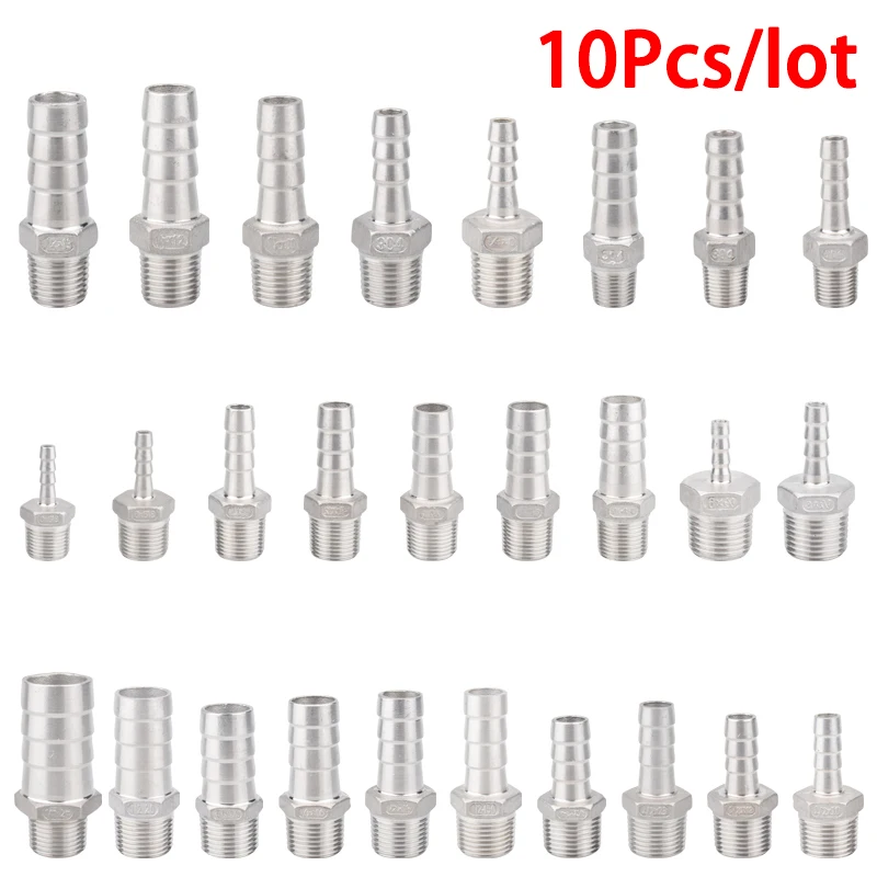 10 unids/lote conector de lengüeta para manguera de acero inoxidable 304 1/8 "1/4" 3/8 "1/2" conector de pagoda de rosca macho BSP