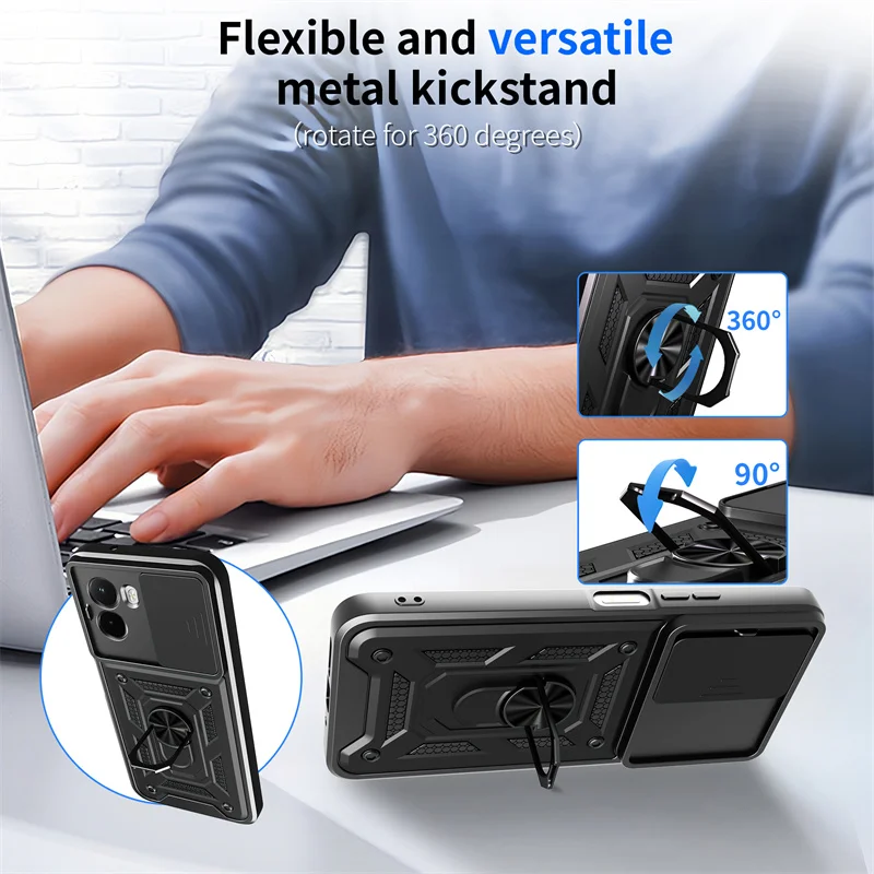 Para Xiaomi Poco M7 4G lente de cámara deslizante protección funda de teléfono para POCO M7 M 7 PocoM7 4G anillo soporte híbrido cubierta a prueba de golpes - imagen 4