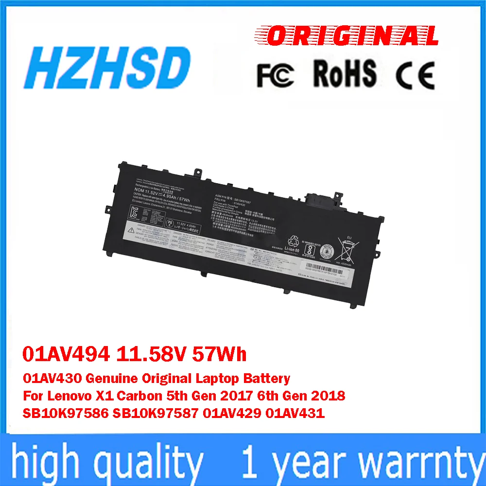01AV494 11,58 V 57Wh 01AV430 batería Original y genuina para ordenador portátil Lenovo X1 Carbon 5th Gen 2017 6th Gen 2018 SB10K97586 SB10K97587
