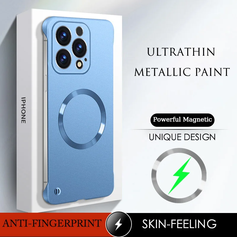 Funda ultrafina y delgada con pintura metálica sin marco para iPhone 16 15 Pro Max 16Pro 15Pro Plus, carcasa dura con carga inalámbrica magnética - imagen 2