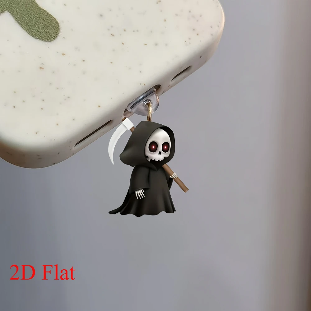 2 uds 2D dibujos animados regalo de Halloween Reaper tapón antipolvo acrílico adecuado para iPhone tipo C Android AirPods decoración de puerto de carga