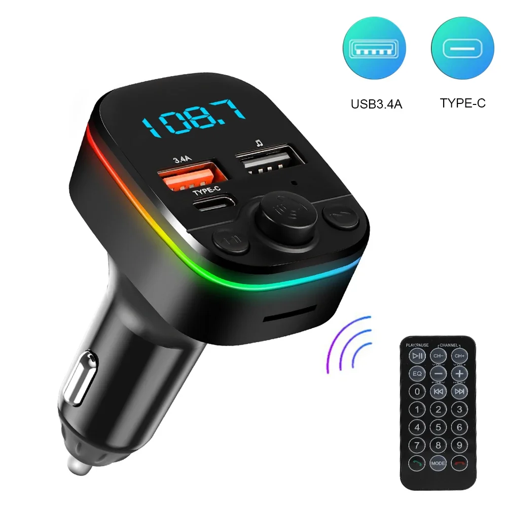 Transmisor FM para coche Bluetooth 5,0 manos libres con USB Dual tipo C 3.4A cargador rápido luz ambiental encendedor de cigarrillos modulador FM