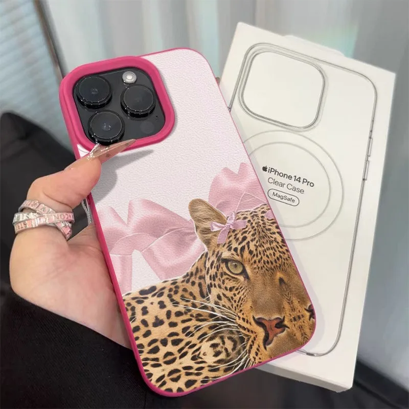 Funda de teléfono con textura de cuero sintético con diseño de estampado de leopardo rosa para iPhone 17 16 15 14 13 12 11 Pro Max XS X XR 16E 16 Plus Air Cover - imagen 4