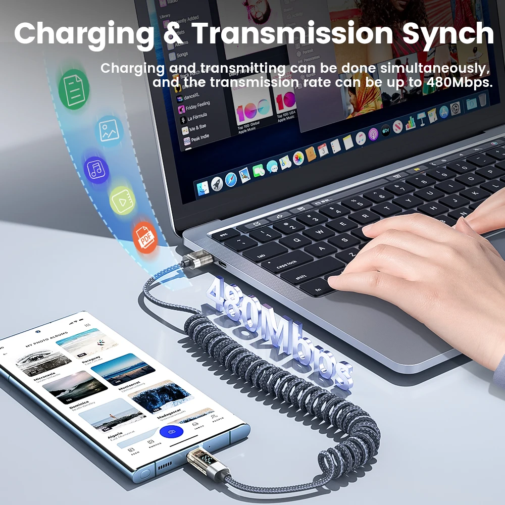 Toocki-Cable USB 6A a cargador de teléfono rápido con resorte USB C para Huawei PD100W, pantalla Digital transparente, Cable tipo C para ordenador portátil LG - imagen 2