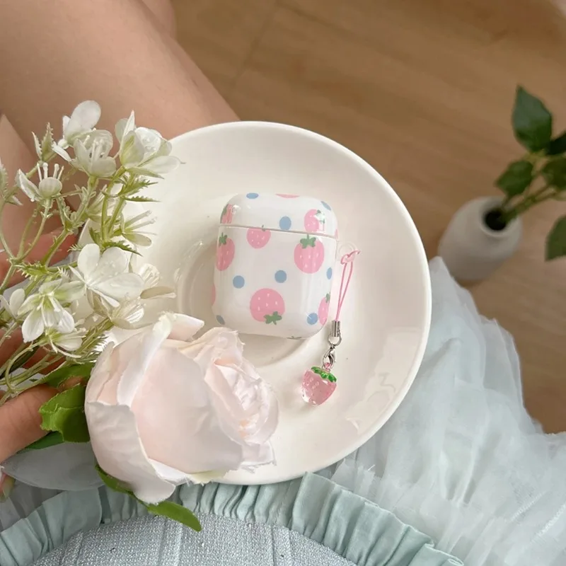 Funda para auriculares con colgante de colisión de Color de puntos circulares de fresa rosa dulce de verano para AirPods 1 o 2 3 4 Pro 2 - imagen 5