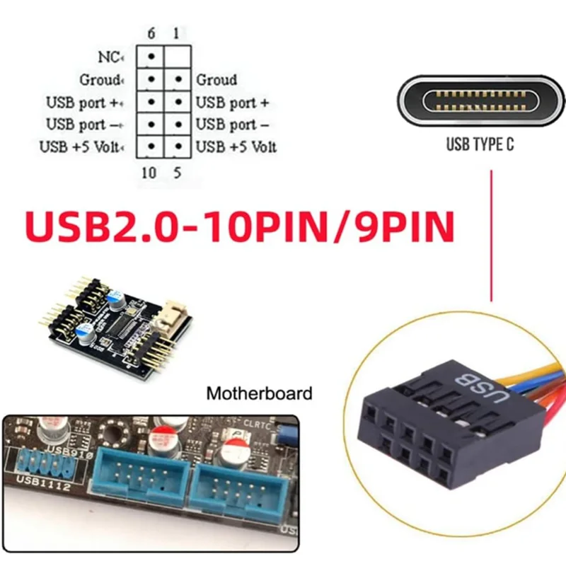 Cable de 0,2 m USB 3,1 tipo C USB-C hembra a USB 2,0 placa base Cable de cabecera de 9 pines y 10 pines con soporte de puerto único - imagen 4