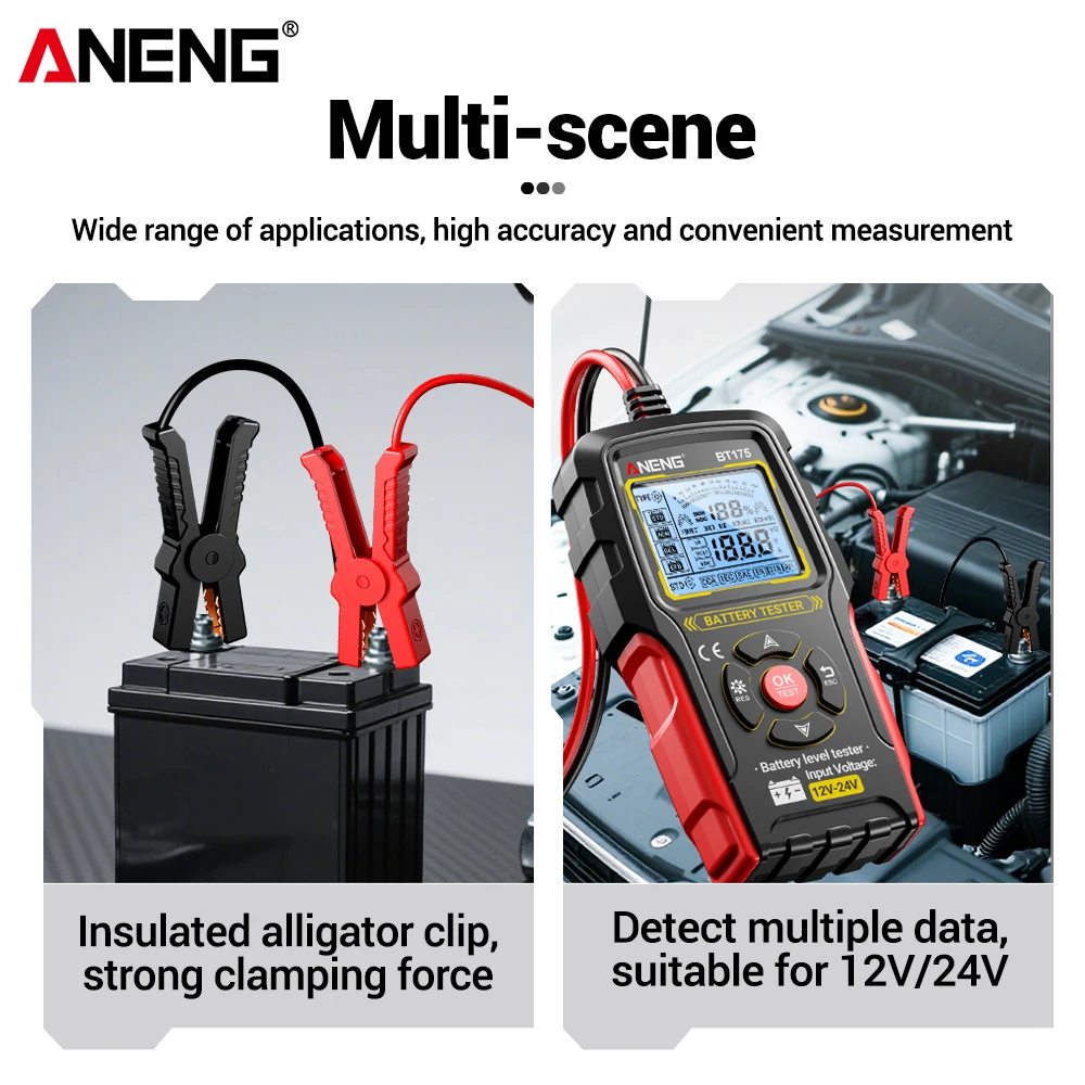 Probador de batería Digital ANENG BT175 Universal con pinza de cocodrilo aislada pantalla LCD Detector de batería de coche profesional - imagen 5
