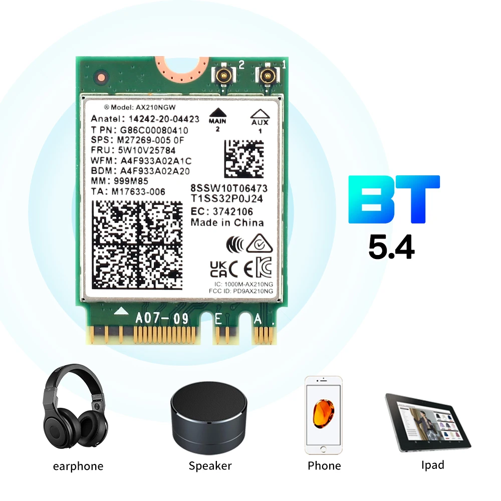 Tarjeta WiFi 6E Intel AX210 M.2 NGFF Bluetooth 5.3 Tri Band