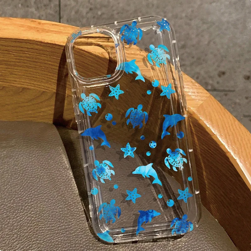 Funda de teléfono transparente con diseño de estrella de mar y delfines para iPhone 14 15 16 11 12 13 Pro Max XR X XS 7 8 Plus SE 2 3 cubierta de Airbag antigolpes