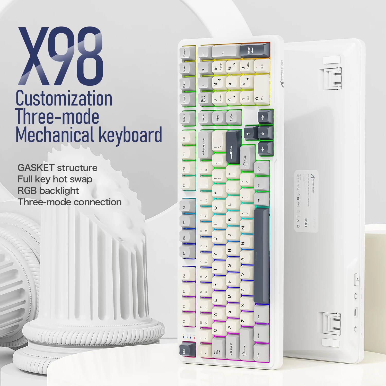 Teclado Bluetooth Attack Shark X98 con teclado numérico, teclas PBT RGB intercambiables en caliente de 102 teclas, batería de 4000mAh, compatible con PC/portátil - imagen 4