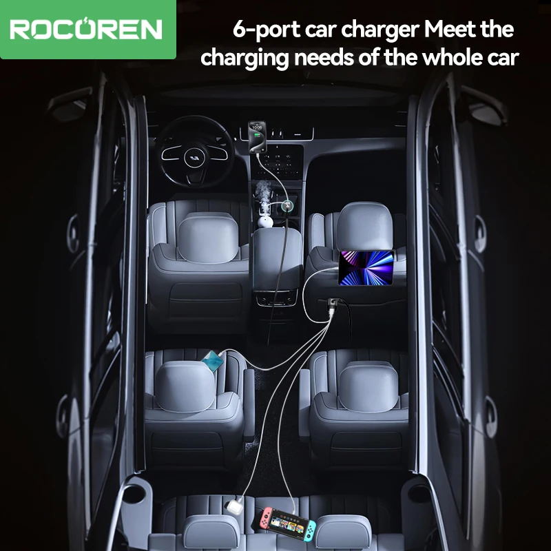 Rocoren-cargador multipuerto para asiento trasero de coche, adaptador de corriente de carga rápida USB tipo C, 105W, 6 en 1, para iPhone, Samsung y Xiaomi - imagen 2