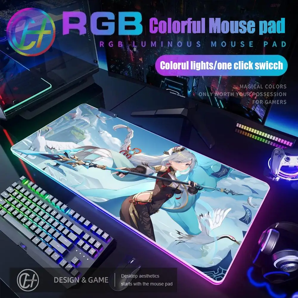 Alfombrilla de ratón HYBXAXC XXL RGB Gaming Genshin Impact Shenhe alfombrilla de ratón alfombrilla de escritorio HD Gamer luz LED grande alfombrilla de ratón XXL - imagen 2