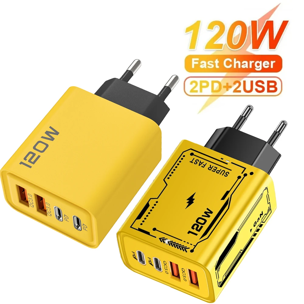Cargador USB PD de 120W tipo C, cargador de pared con enchufe europeo/estadounidense de carga rápida para iPhone, Samsung, Xiaomi, adaptador de carga rápida 3,0 para teléfono móvil