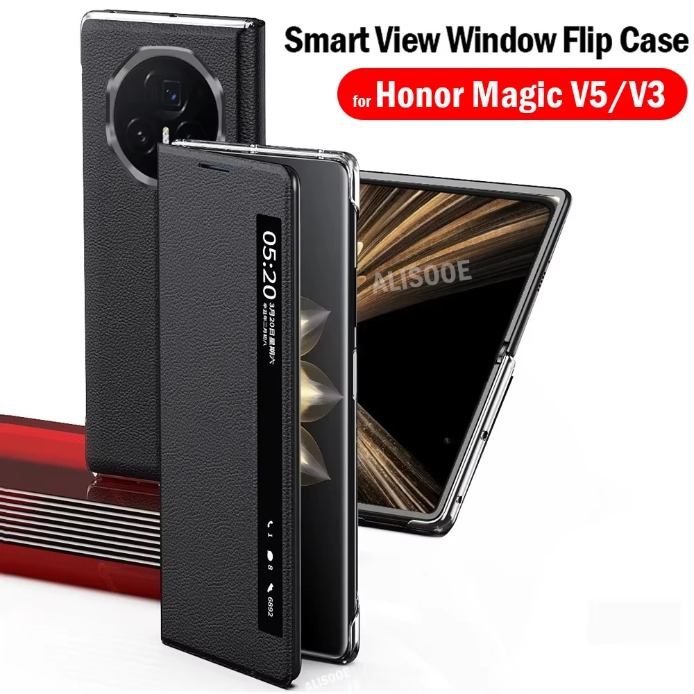 Funda con tapa para Honor Magic V5 V3, Funda de cuero de lujo con vista inteligente, protección para ventanas, Funda para Huawei Honor Magic V5 5G - imagen 2