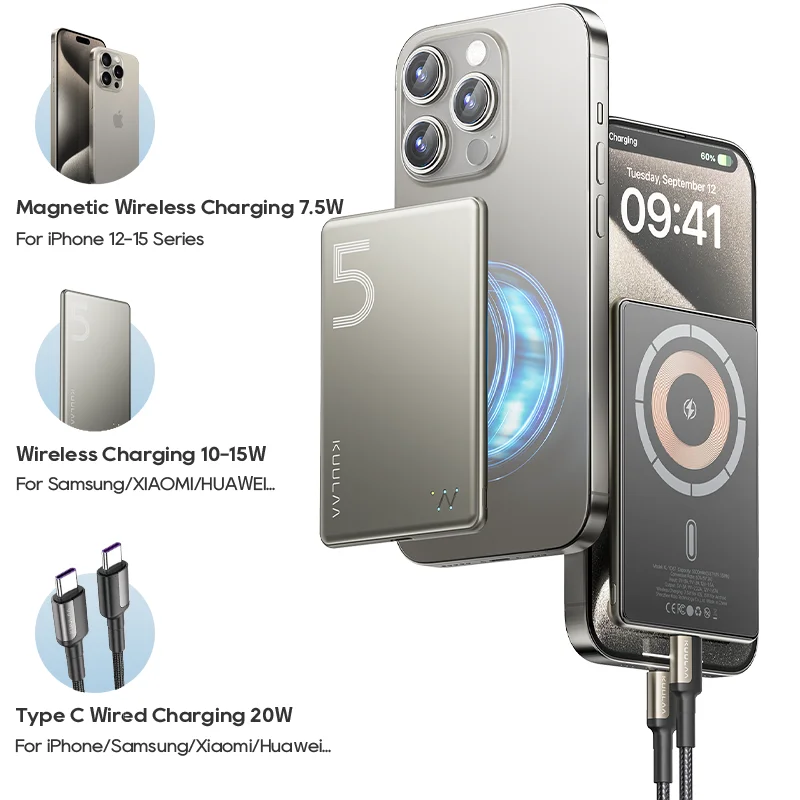 KUULAA Magsafe Power Bank 5000mAh cargador de teléfono inalámbrico magnético batería externa 20W carga rápida para iPhone 16 15 PowerBank - imagen 3