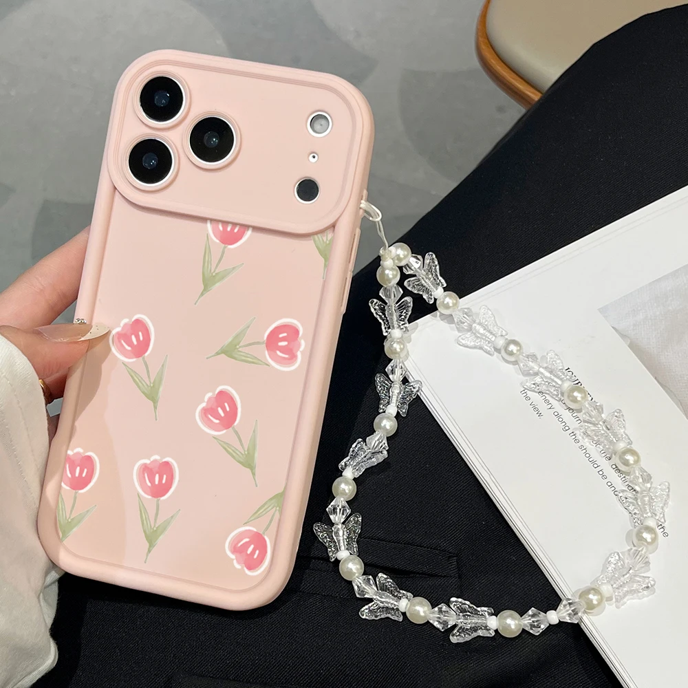 Funda de teléfono con diseño de flores de tulipán rosa para iPhone 17 16 15 14 13 12 11 Pro Max 16e 17Air X XR XS Max 7 8 Plus con funda con cordón - imagen 2