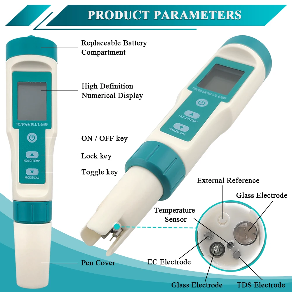 Bolígrafo de detección de calidad del agua multifuncional, instrumento de medición de PH, Sensor TDS, TEMP, EC, Detector de salinidad SG ORP - imagen 2