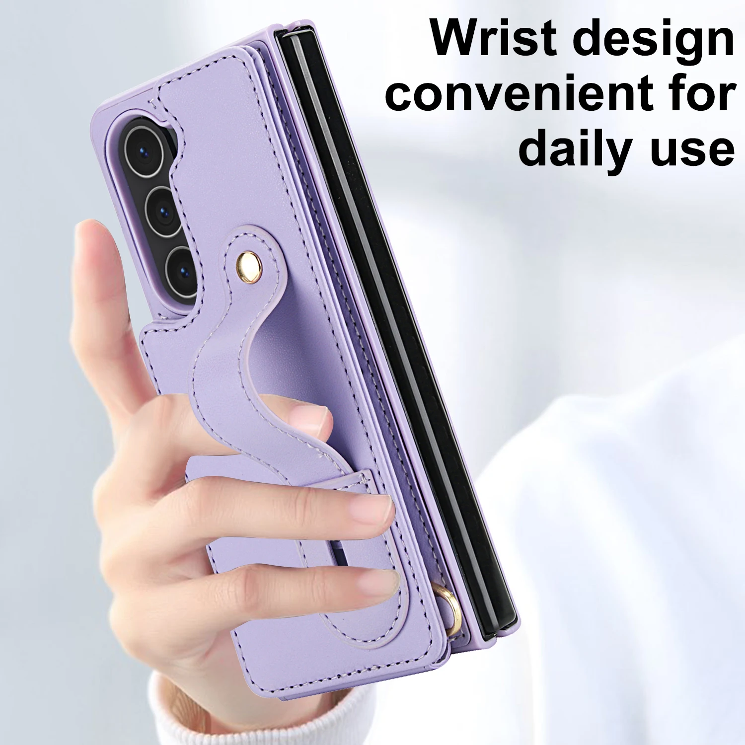 Funda de cuero tipo billetera con pulsera cruzada para Samsung Galaxy Z Fold 7 6 5 4 5G, funda con diseño de muñeca con doble botón magnético y ranura para tarjetas - imagen 4