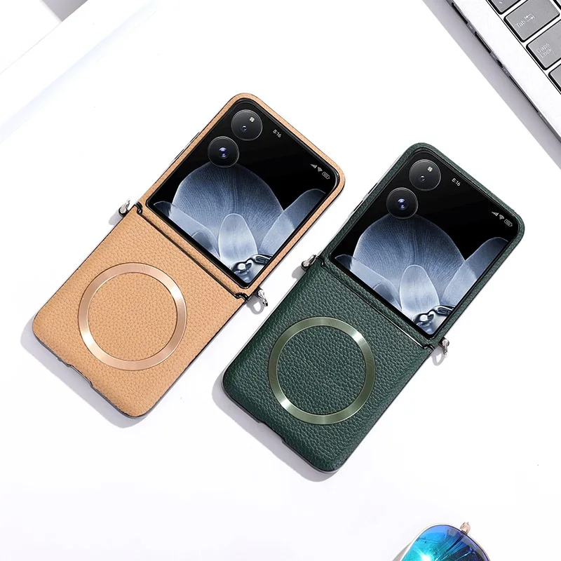 Funda magnética de eje medio para Xiaomi Mix Flip Buckle Link, funda de cuero de lujo con patrón de lichi, fundas antigolpes para MixFlip - imagen 5