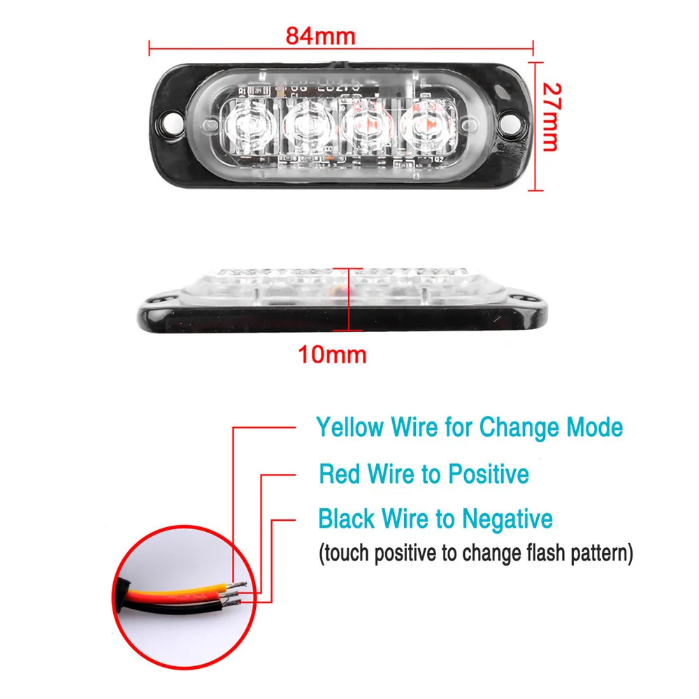 Luz estroboscópica de advertencia lateral para coche y camión, barra de luz intermitente para rejilla, lámpara de baliza, luz de tráfico blanca, amarilla ámbar, 12V-24V, 4 Led - imagen 4
