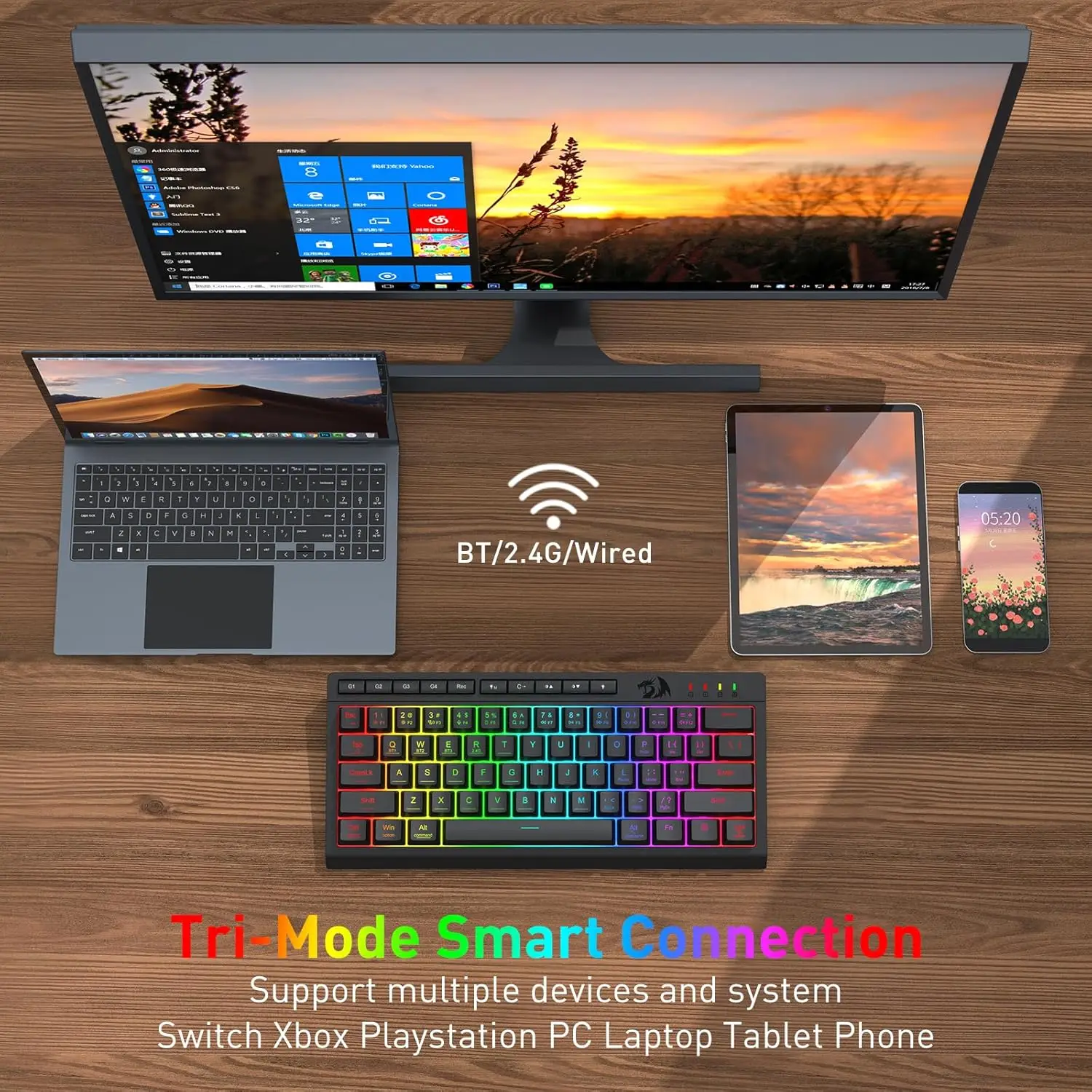 Redragon K522 PRO 60% teclado inalámbrico para juegos de membrana RGB, teclado con interruptor de sensación mecánica lineal compacto de 3 modos y 61 teclas - imagen 5