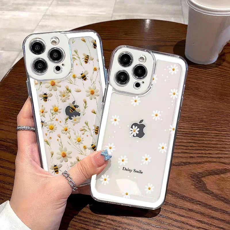 Funda de teléfono de TPU con diseño de flores de abeja y Margarita sonriente bonita para Iphone 16 15 13 12 11 Pro Max Mini 16E 14 Plus XR 7 8 SE 2022