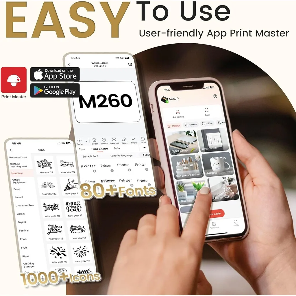 Phomemo-máquina de etiquetas grande M260, impresora portátil de etiquetas adhesivas de 20-80mm, impresora térmica sin tinta con Bluetooth para negocios, hogar y oficina - imagen 3