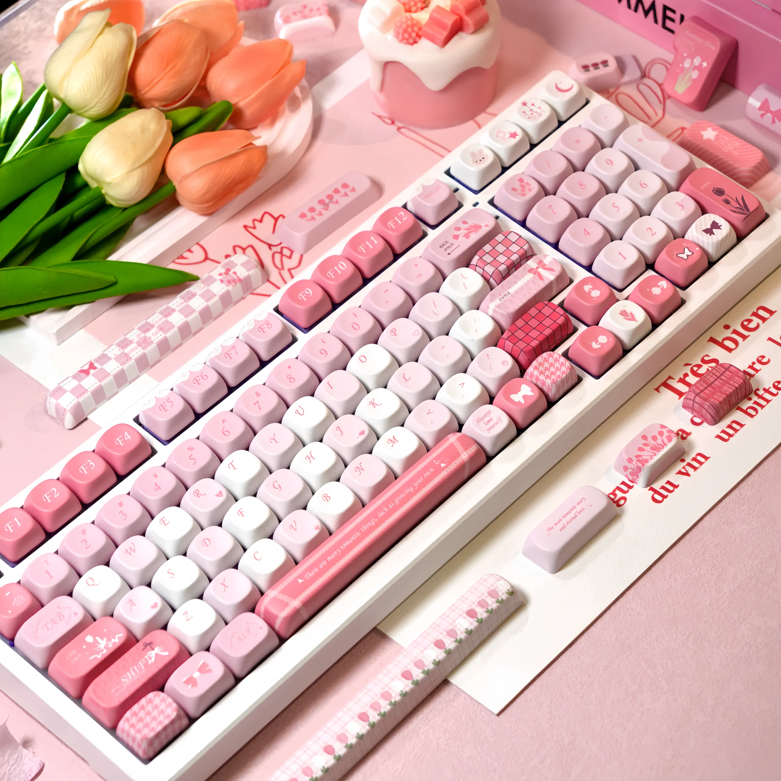 Juego de teclas de tulipán rosa, 140 teclas, perfil MOA, teclas de sublimación térmica PBT para teclado mecánico de eje transversal, tapa de tecla pequeña y fresca - imagen 2