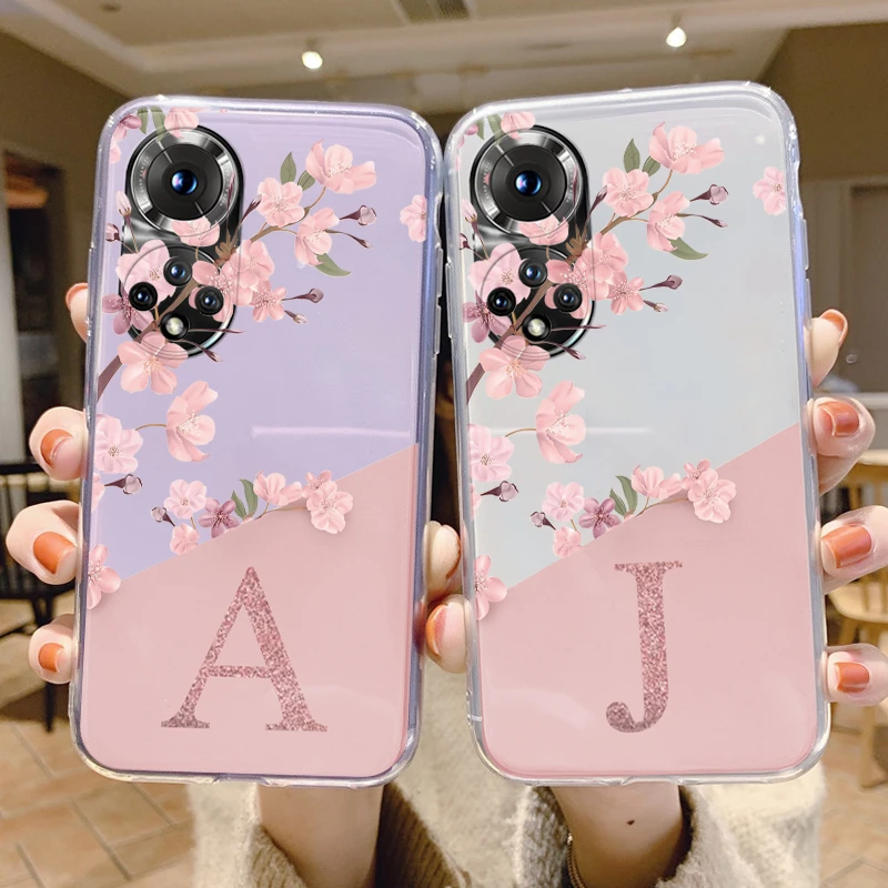 Bonita funda con letras para Honor 50 90 400 Lite Pro Coque Huawei P20 P30 Pro P40 Lite Nova 6 SE, funda suave con alfabeto de flores transparente
