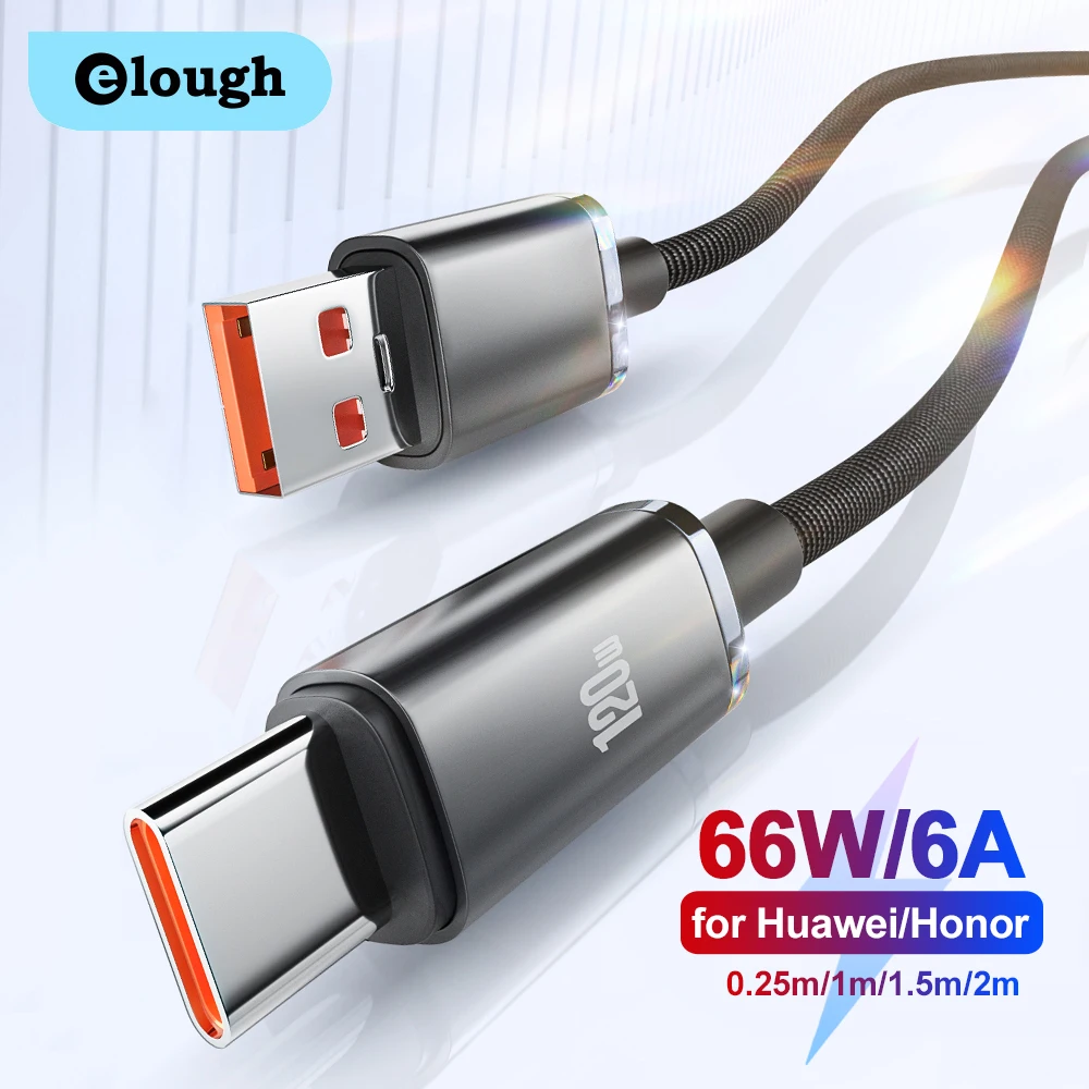 Elough-Cable USB tipo C de carga rápida, Cable de datos para Huawei P50 P40 Honor Xiaomi Poco Redmi, 66W, 6A