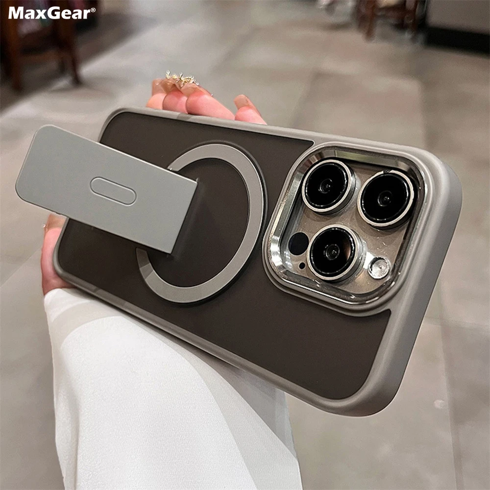 Funda de armadura mate magnética con soporte plegable de lujo para iPhone, funda protectora de carga inalámbrica Magsafe, 16, 15, 14 Plus, 13, 12, 11 Pro Max - imagen 2