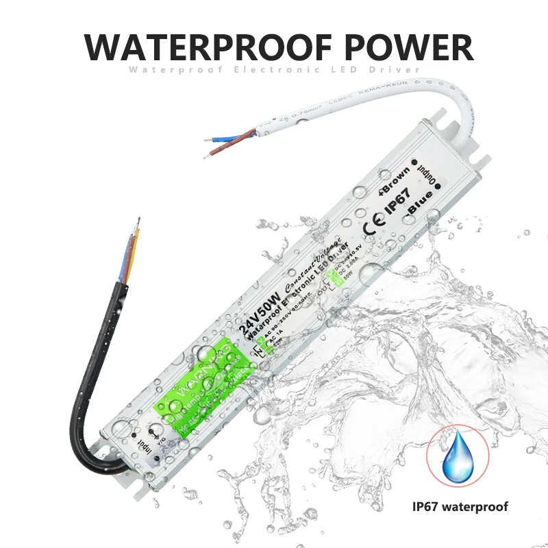 Transformador de iluminación para exteriores, adaptador de unidad LED de aluminio IP67, fuente de alimentación conmutada impermeable, 90-250V AC a DC 24V 50W 2.08A - imagen 3