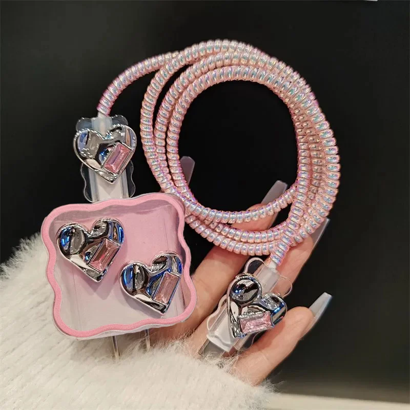 Cubierta de cargador de corazón de amor de diamante rosa de Corea para IPhone 11, 12, 13, 14, 15, 18W-20W, funda de carga transparente - imagen 5