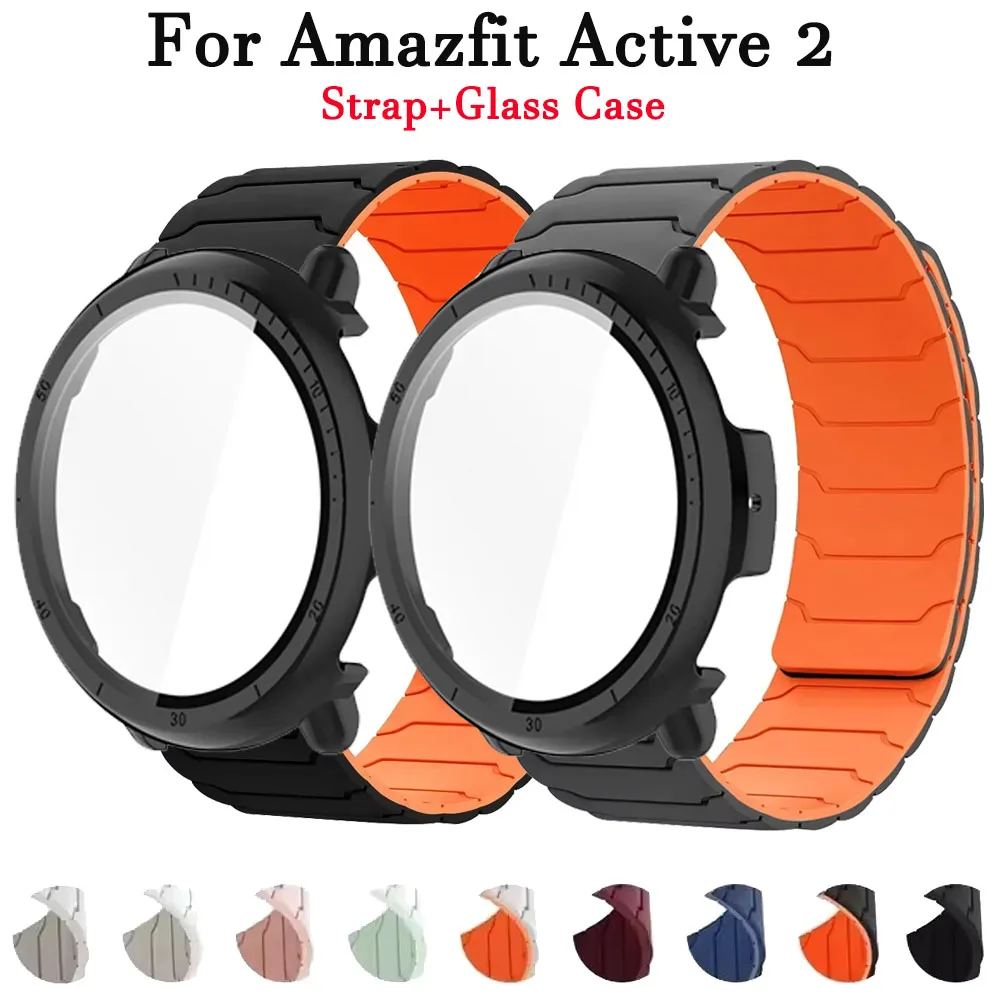 Correa de bucle magnético de silicona + funda de cristal para Amazfit Active 2, pulsera de repuesto para Amazfit Active 2, funda rígida protectora de pantalla