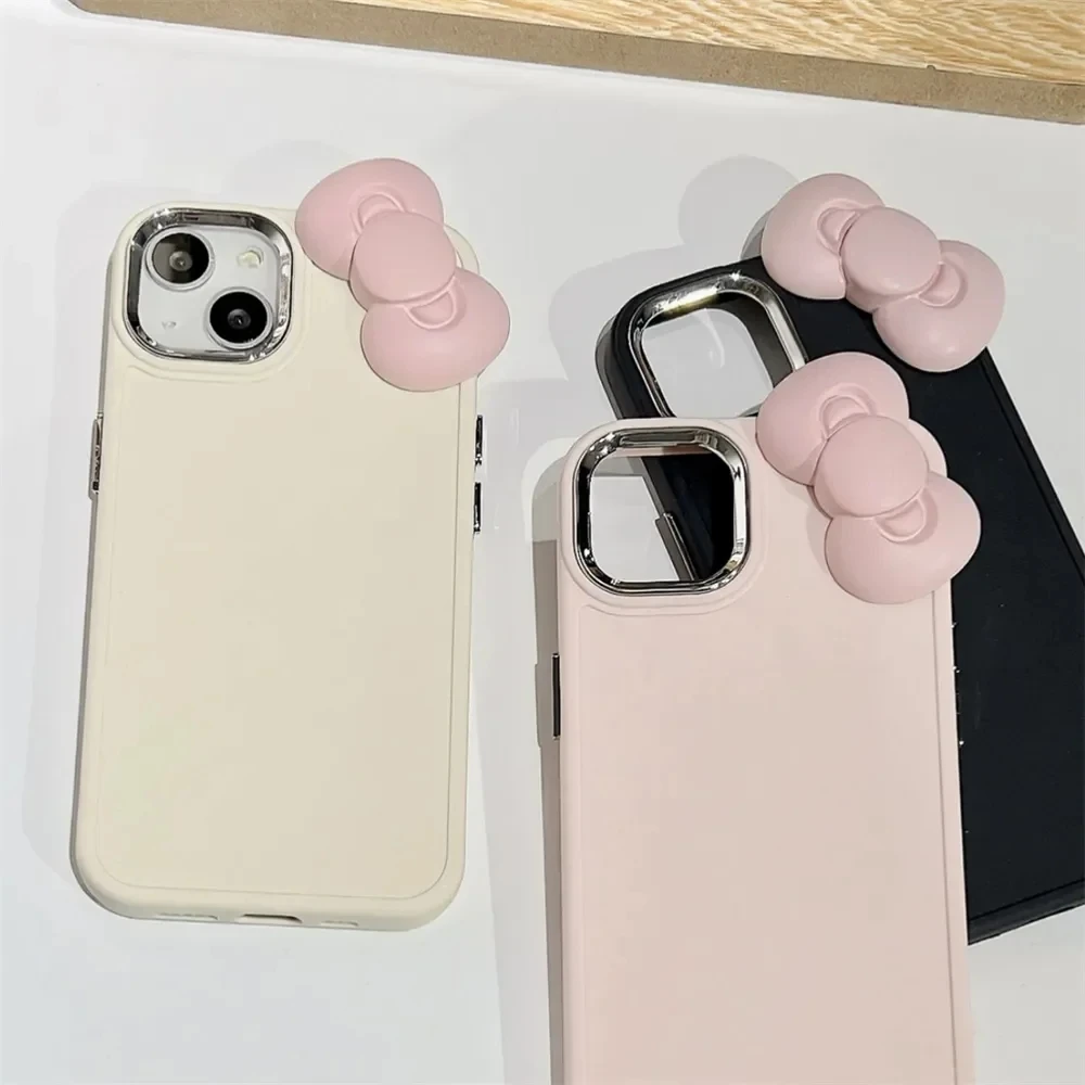 Funda de teléfono coreana con lazo rosa 3D para iPhone 16 15 14 13 12 11 Pro Max X Color sólido a prueba de golpes funda de lujo de silicona suave - imagen 5